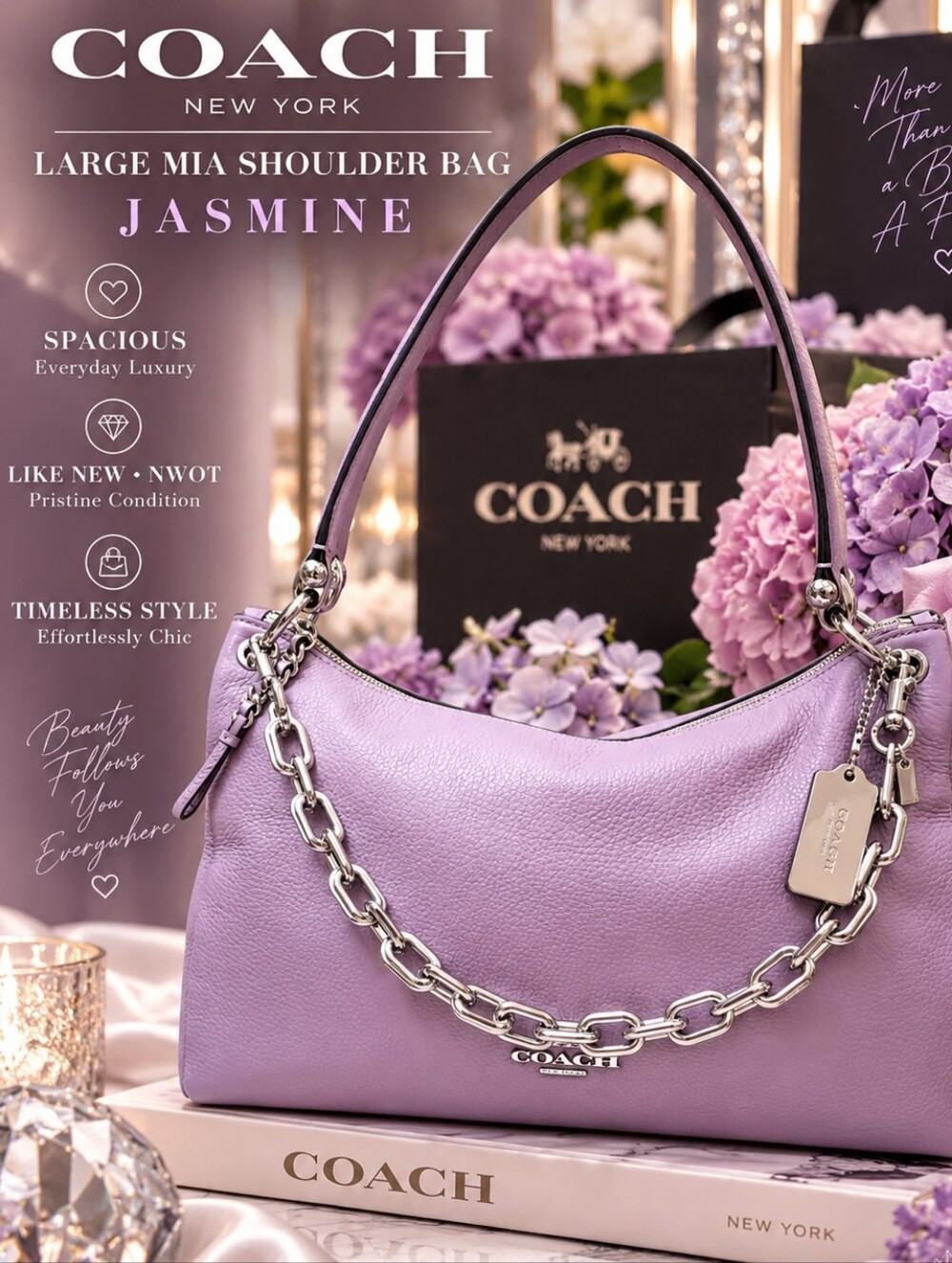 COACH Large MIA Shoulder Bag Jasmine Purple WITH Coach LINK STRAP